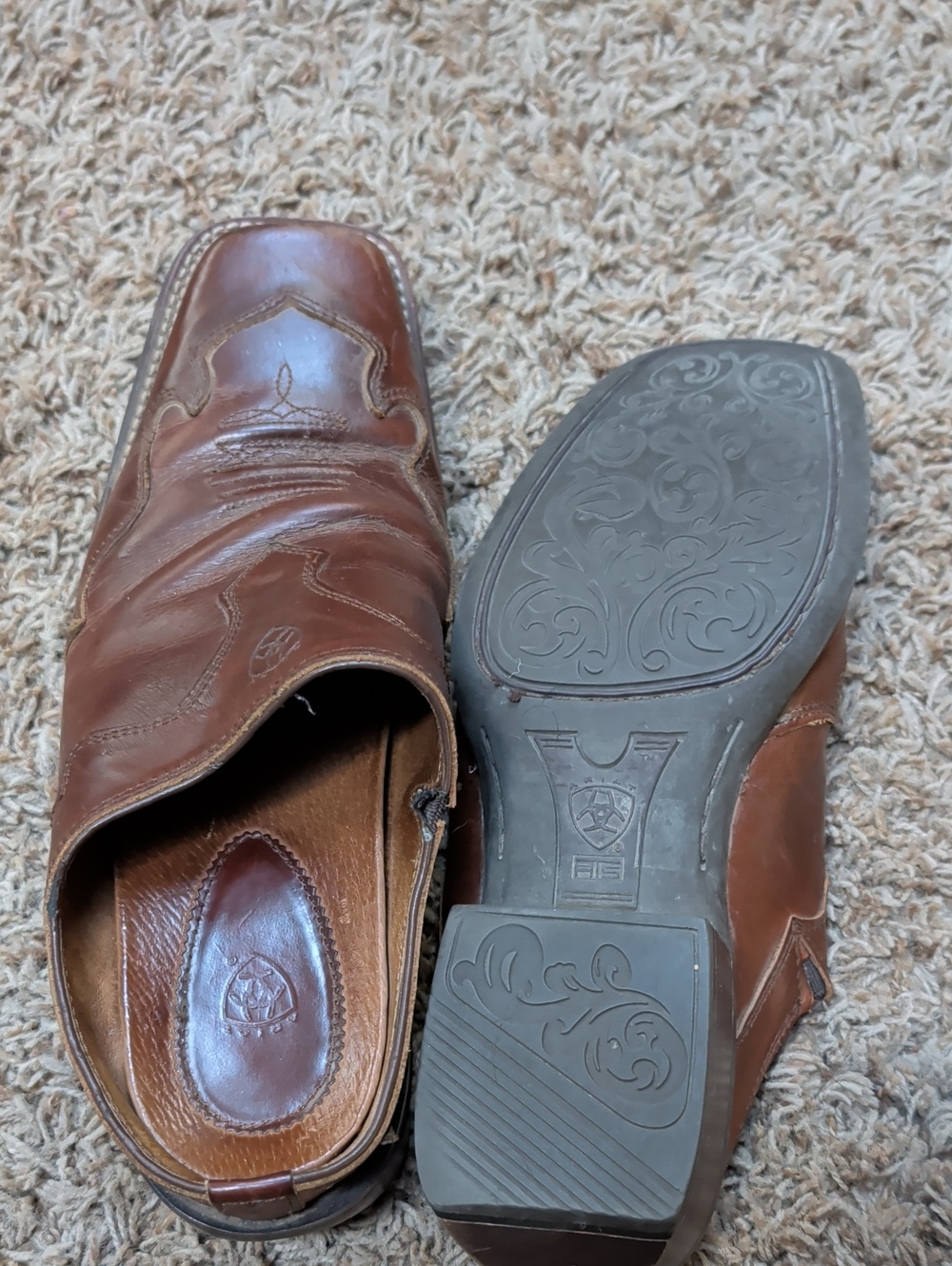 Ariat Brown Leather Slip-On Mules with Embossed Stitching